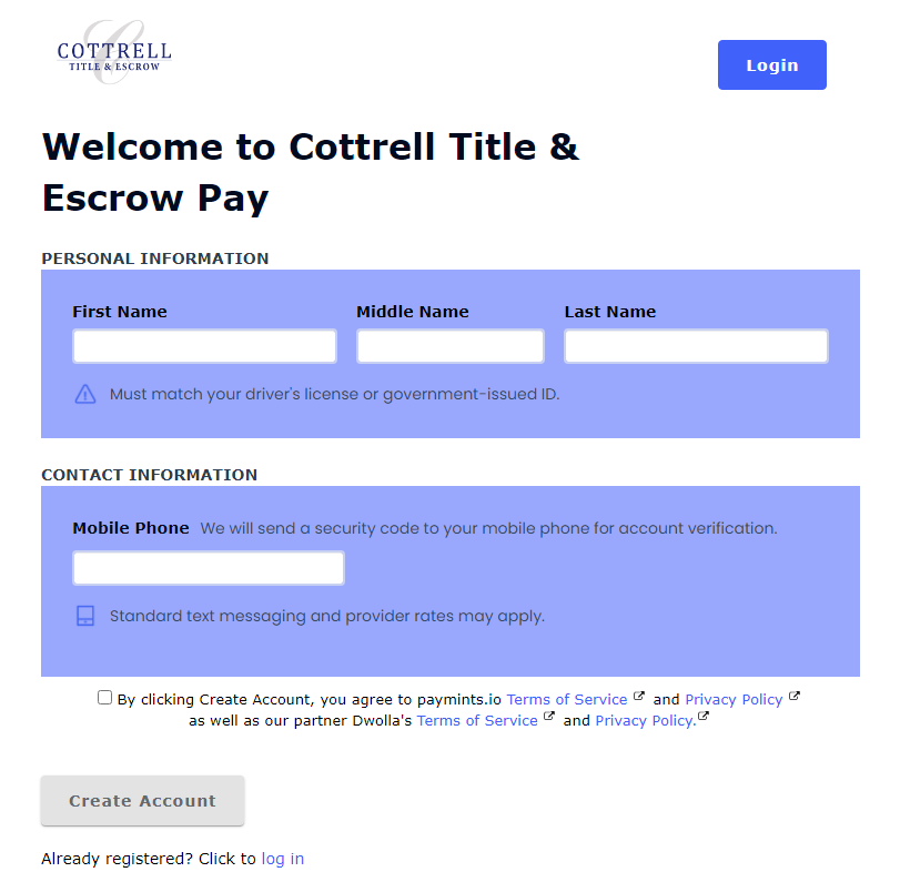 Paymint.io Screen Capture from Cottrell Title & Escrow Make Easy Escrow Deposits